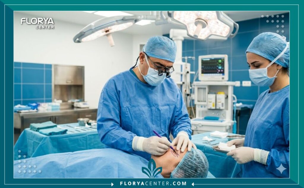 جراحة العيون اللوزية في تركيا 4 طبيب تجميل تركي يقوم بالتخطيط الجراحي الدقيق قبل بدء عملية العيون اللوزية داخل غرفة عمليات حديثة في اسطنبول.