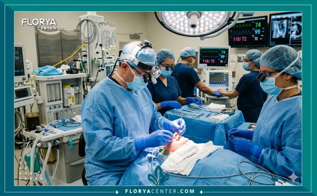 فريق جراحي متخصص يجري عملية جراحة فك تقويمية في غرفة عمليات حديثة ومجهزة بأحدث التقنيات لضمان الدقة والأمان.