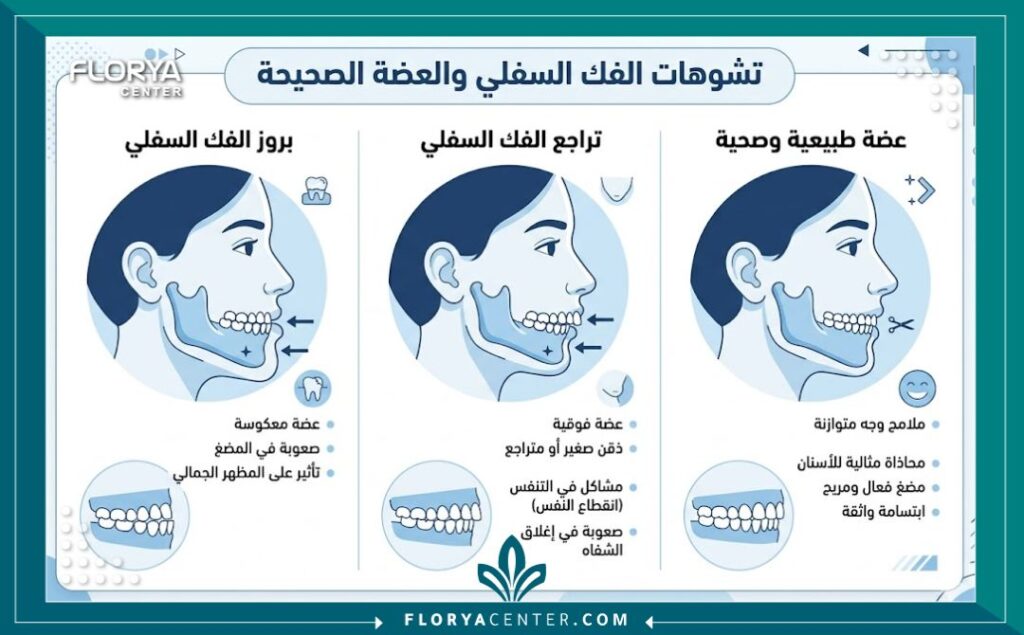 إنفوجرافيك يقارن بين بروز الفك السفلي وتراجعه وشكل العضة الطبيعية بعد التصحيح.