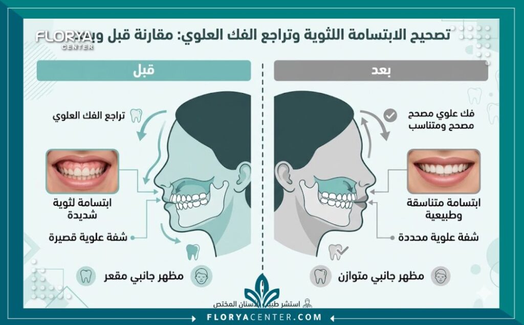 إنفوجرافيك يوضح مقارنة لملامح الوجه قبل وبعد عملية الفك العلوي وإصلاح الابتسامة اللثوية الشديدة.