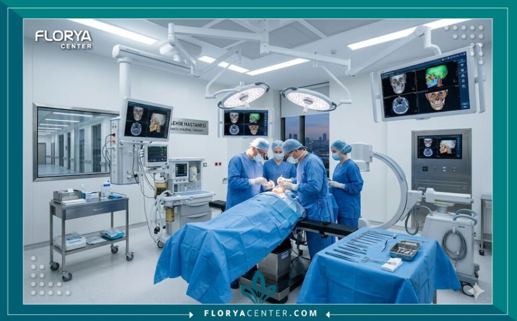 غرفة عمليات حديثة ومجهزة بأحدث التقنيات الرقمية لإجراء جراحات الوجه والفكين في مستشفيات تركيا.