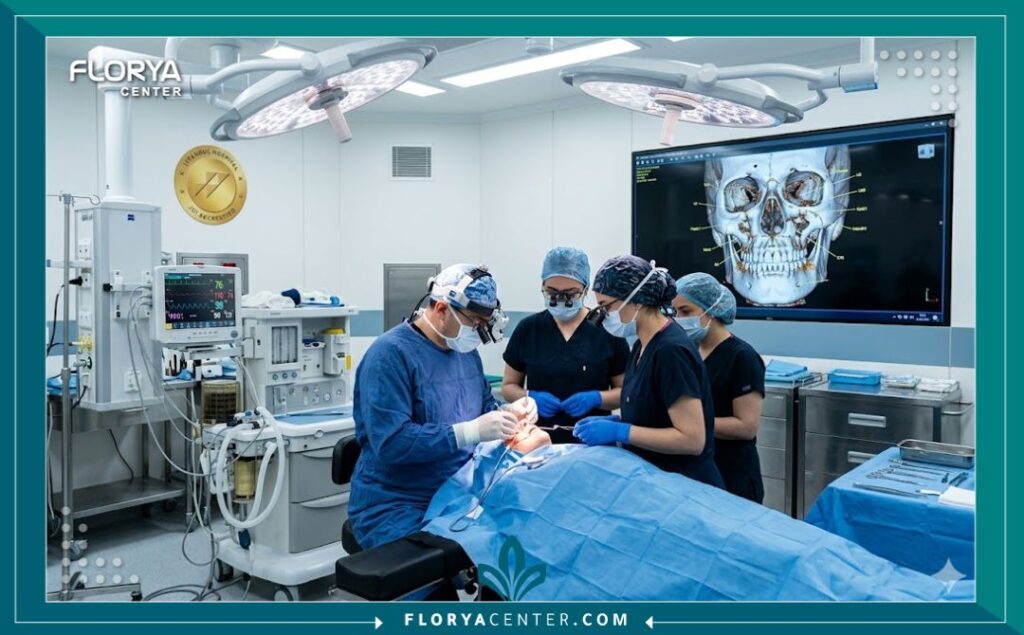غرفة عمليات حديثة في مستشفى تركي مع فريق طبي يجري جراحة نحت الوجه وتعديل الوجنتين.