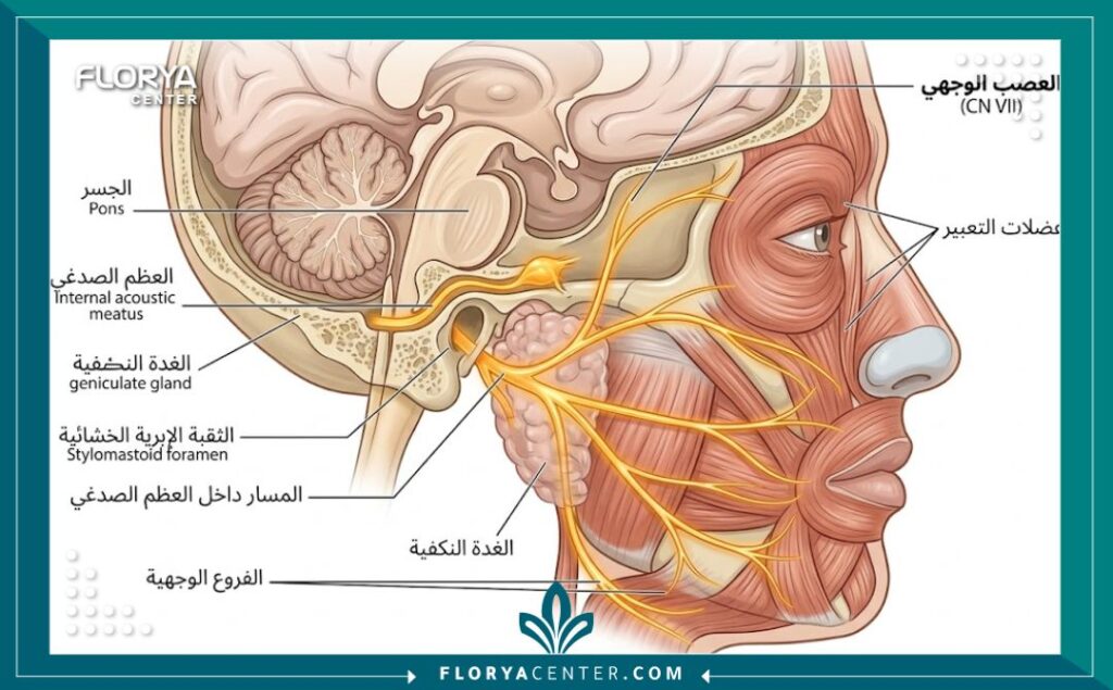 مخطط طبي توضيحي لمسار العصب السابع وعضلات الوجه المستهدفة في عملية الترميم.