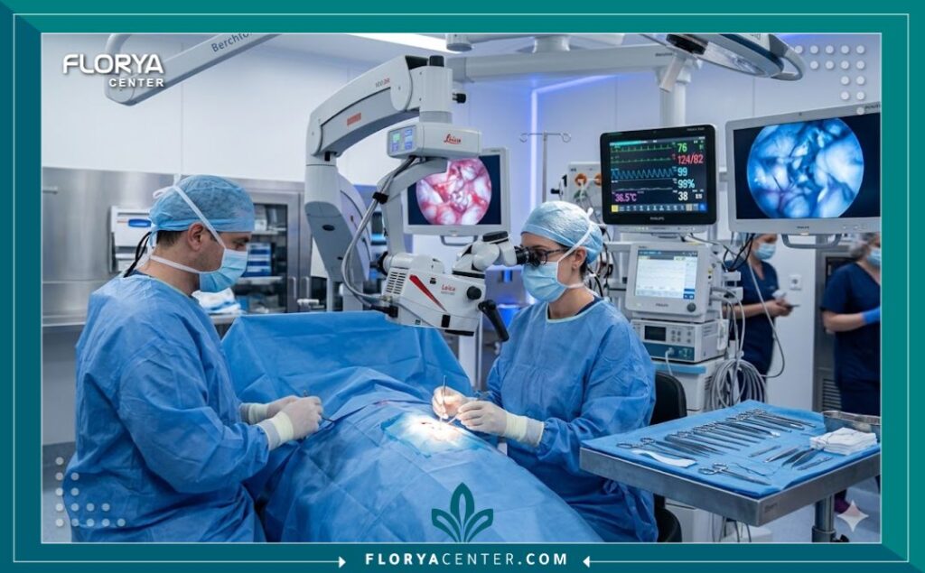 غرفة عمليات متطورة مجهزة بأحدث تقنيات الجراحة المجهرية لترميم عصب الوجه.