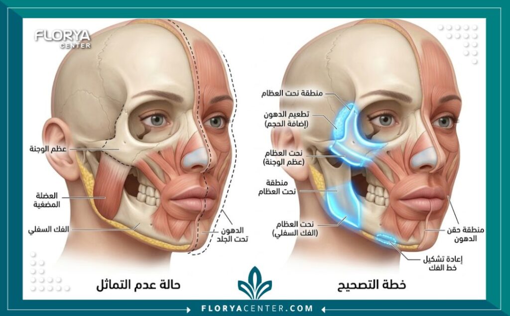 جراحة تصحيح عدم تماثل الوجه 2 رسم توضيحي طبي دقيق يوضح مناطق التعديل الجراحي للعظم وحقن الدهون لعلاج عدم تماثل الوجه.