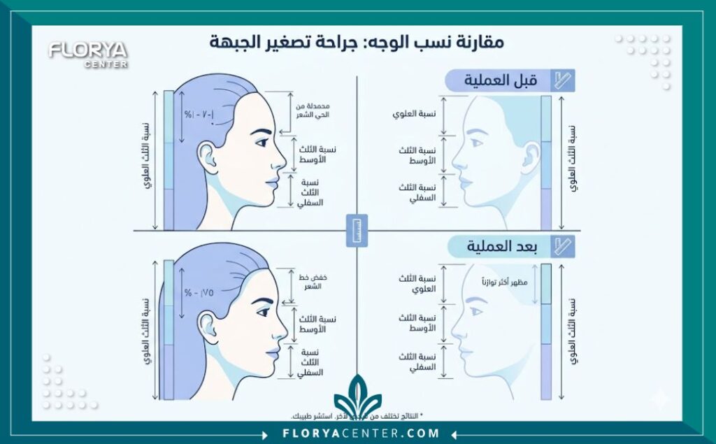 إنفوجرافيك يوضح مقاييس الوجه وتأثير عملية تصغير الجبهة البارزة على التناسق الجمالي.