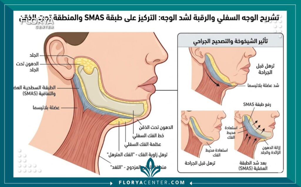 جراحة شد الجزء السفلي من الوجه في تركيا 2 مخطط طبي يوضح تشريح عضلات الوجه السفلية ومنطقة اللغلوغ والخدود المتدلية في جراحة الشد.