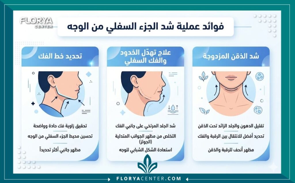 جراحة شد الجزء السفلي من الوجه في تركيا 3 إنفوجرافيك يوضح فوائد ومميزات عملية شد الوجه السفلي والرقبة والتخلص من الترهلات في تركيا.