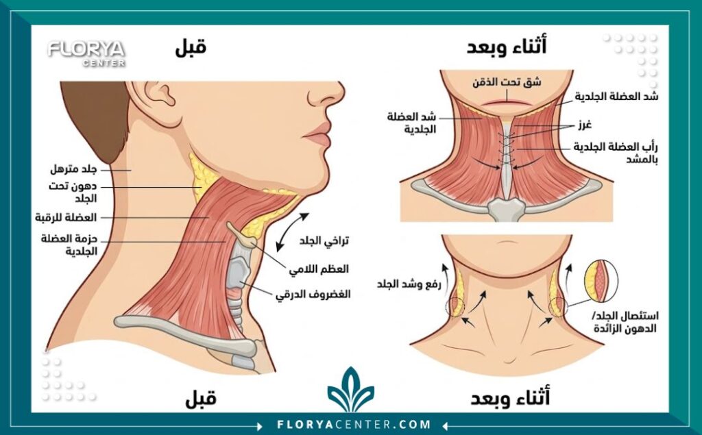 جراحة شد الرقبة في تركيا 2 رسم توضيحي طبي يوضح تشريح عضلات الرقبة وكيفية إجراء عملية شد الرقبة للتخلص من الترهل العنقي الحاد.