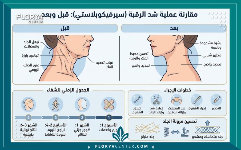 جراحة شد الرقبة في تركيا 3 إنفوجرافيك طبي يقارن بين قبل وبعد جراحة شد الرقبة، مع توضيح خطوات العملية وفترة التعافي المتوقعة.