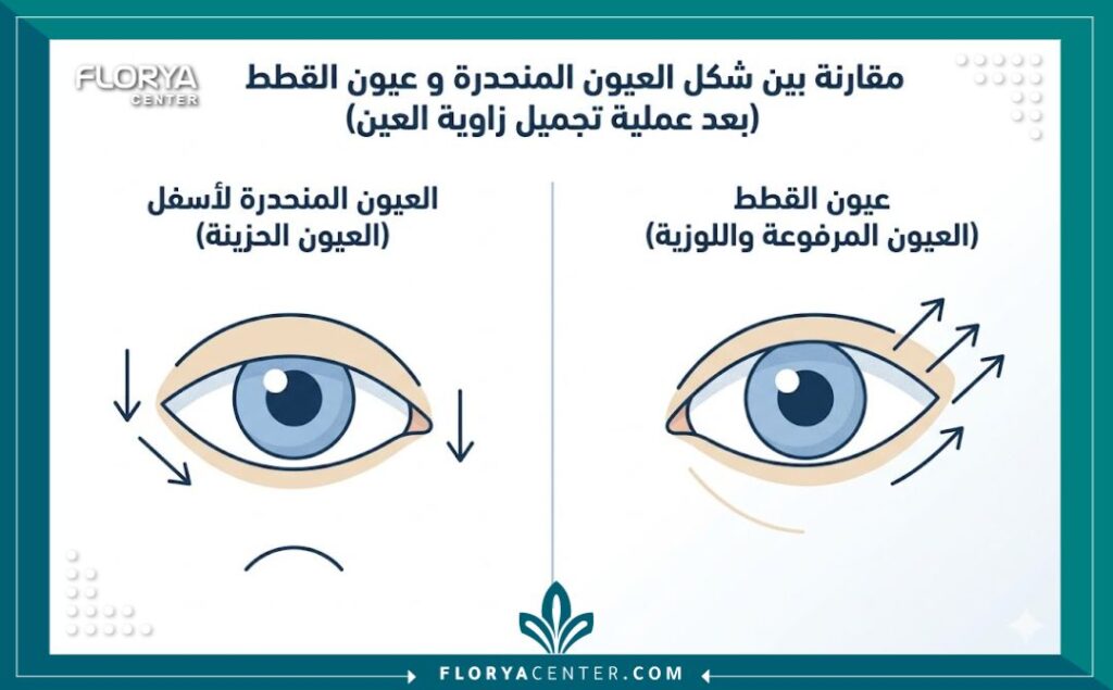 إنفوجرافيك يوضح الفرق بين شكل العيون المائلة للأسفل وشكل العيون المسحوبة للأعلى بعد جراحة شد زاوية العين.