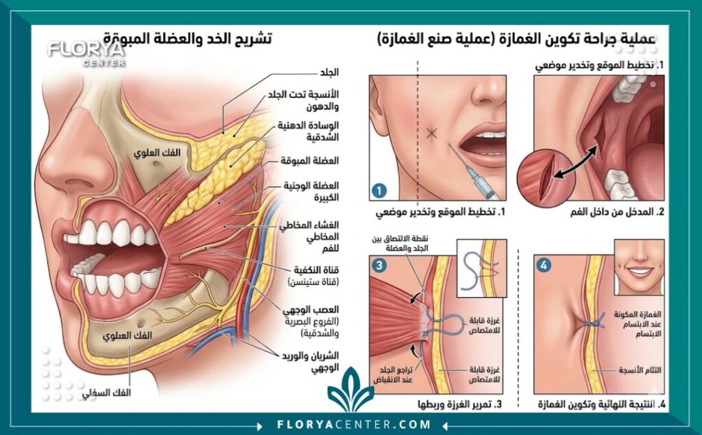 رسم توضيحي طبي لتشريح عضلة الخد وكيفية عمل عملية غمازات الوجه جراحياً.