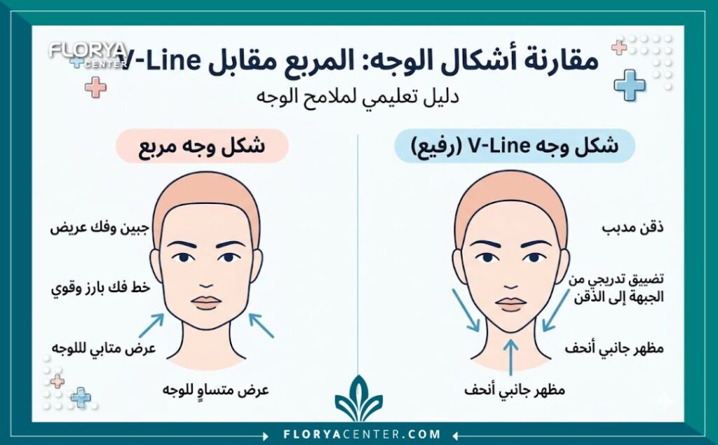 إنفوجرافيك مقارنة يوضح الفرق بين شكل الوجه المربع العريض والوجه النحيف بعد عملية V Line.