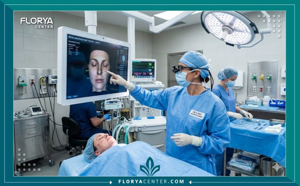 جراح تجميل متخصص يراجع خطة نحت الفك داخل غرفة عمليات حديثة ومجهزة في أفضل مستشفيات تركيا.