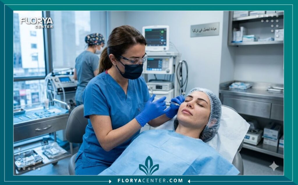 طبيبة تجميل مختصة تقوم بإجراء حقن الألبومين الطبيعي لنضارة الوجه مريضة داخل غرفة عمليات معقمة واحترافية في عيادة في إسطنبول.
