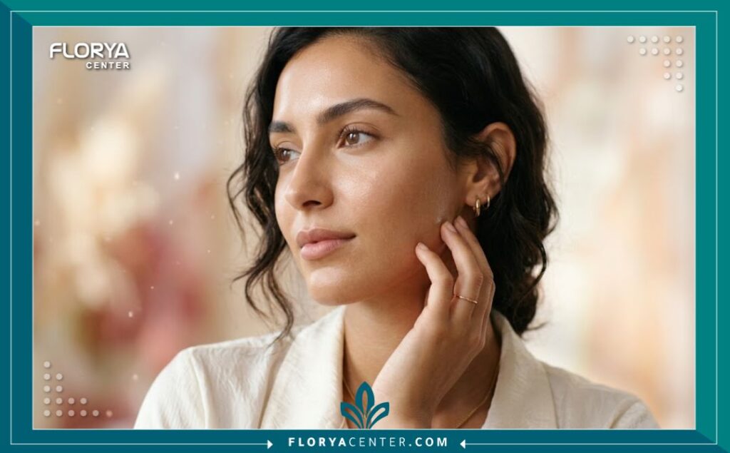 صورة مقربة لوجه امرأة ذات بشرة نضرة ولامعة وخالية من العيوب بعد علاج حقن الألبومين الطبيعي، مع إضاءة ناعمة تبرز جمال البشرة.