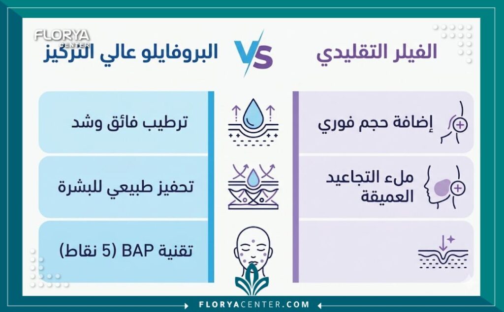 إنفوجرافيك يقارن بين فوائد حقن البروفايلو بتركيز عالي في تركيا للترطيب وشد الوجه وبين الفيلر التقليدي لإضافة الحجم.