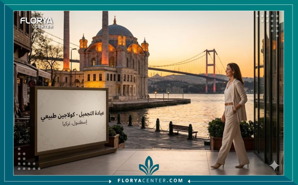 سيدة تتجول في منطقة أورتاكوي بإسطنبول المطلة على البوسفور، بعد حصولها على حقن الكولاجين الطبيعي للنضارة في تركيا.