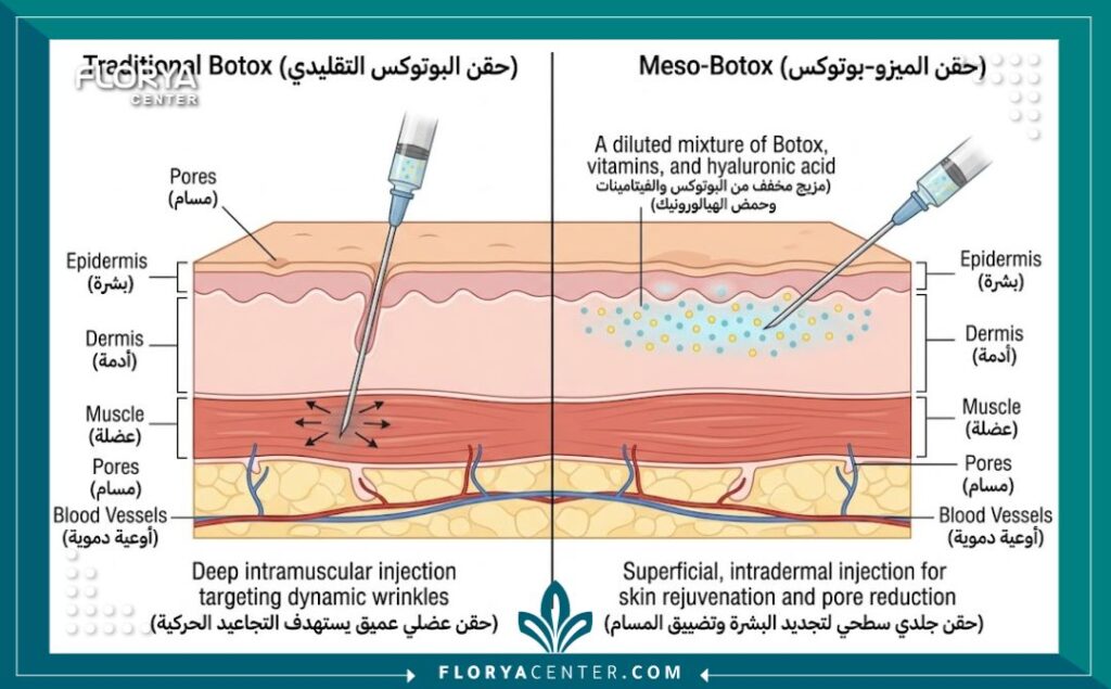 مخطط توضيحي طبي يقارن بين حقن البوتوكس التقليدي العميق وحقن الميزو-بوتوكس السطحي في طبقات الجلد لشد المسام وتجديد الخلايا.