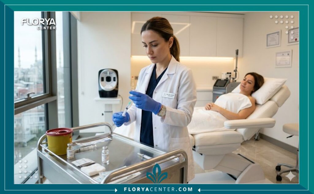 صورة واقعية من داخل عيادة طب تجميل معقمة في تركيا، تظهر طبيبة تحضر محلول الميزو-بوتوكس الدقيق حقن الميزو-بوتوكس لترميم الأنسجة.