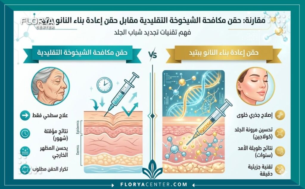 إنفوجرافيك يوضح الفرق بين الحقن التقليدية وحقن النانو-بيبتيد لإعادة البناء، مسلطاً الضوء على الفوائد الجزيئية الدقيقة وعمق التأثير.