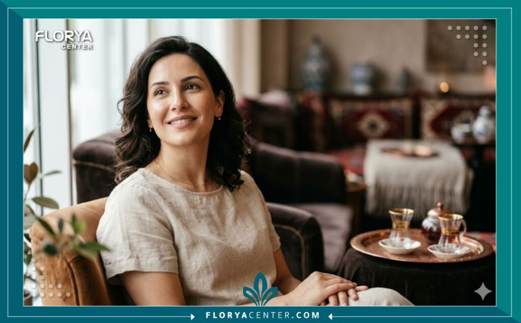 مظهر نضر وشبابي لبشرة امرأة بعد خضوعها لجلسات حقن النانو-بيبتيد العلاجية، تظهر علامات النعومة والمرونة، مصورة في عيادة تركية.