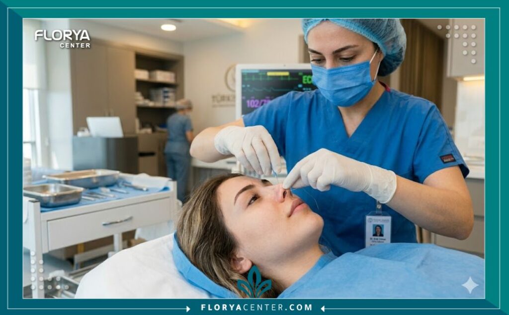 طبيبة تجميل تركية تقوم بإجراء عملية رفع أرنبة الأنف باستخدام الخيوط الهيكلية الدقيقة في عيادة معقمة في اسطنبول.