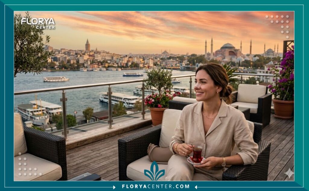 مريضة تقضي فترة النقاهة بعد عملية رفع أرنبة الأنف في اسطنبول، وتستمتع بمنظر البوسفور وآيا صوفيا.