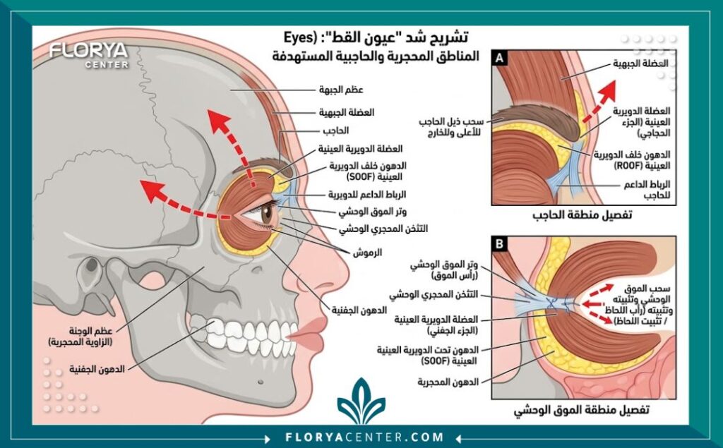 رسم توضيحي طبي لتشريح الوجه يوضح العضلات والأربطة المستهدفة في عملية شد العيون الكات آيز ورفع الحواجب.