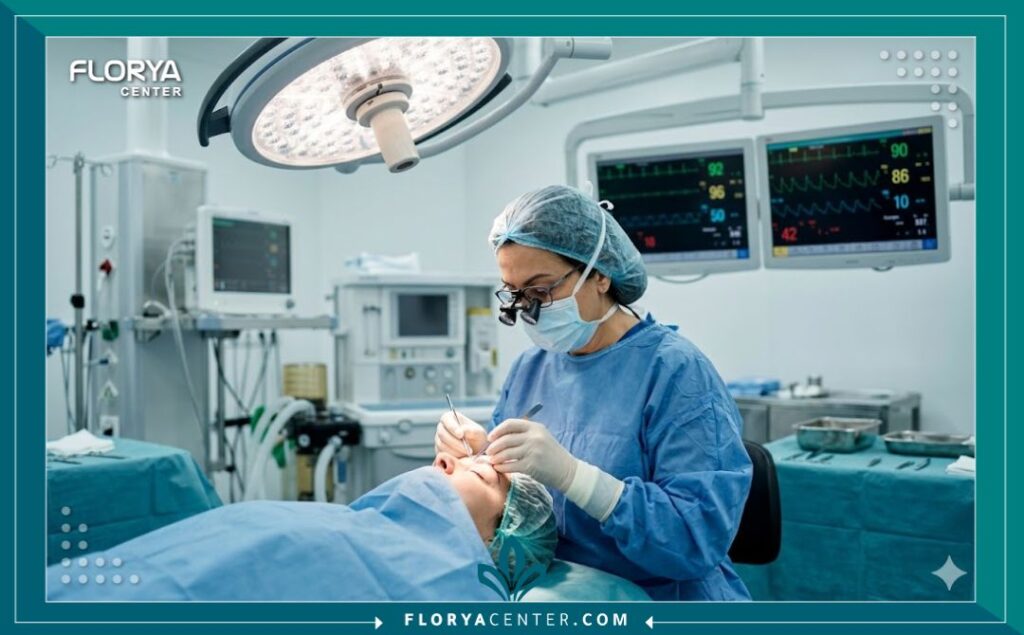 غرفة عمليات معقمة في مستشفى تركي حديث حيث يجري جراح تجميل عملية رفع الحواجب الكات آيز للمريض.
