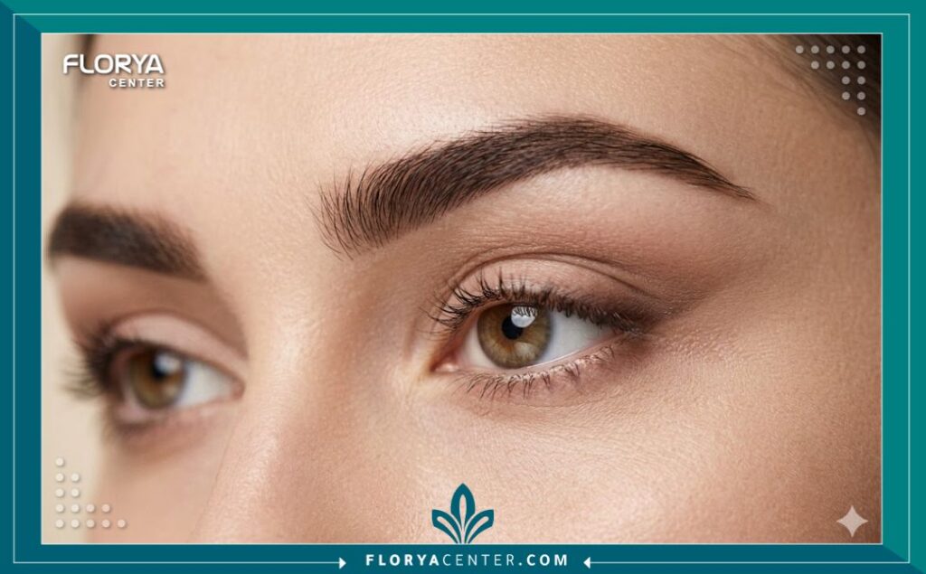 لقطة مقربة تجميلية لمنطقة العين والحاجب تظهر بوضوح نتيجة شد الكات آيز ورفع ذيل الحاجب للأعلى.