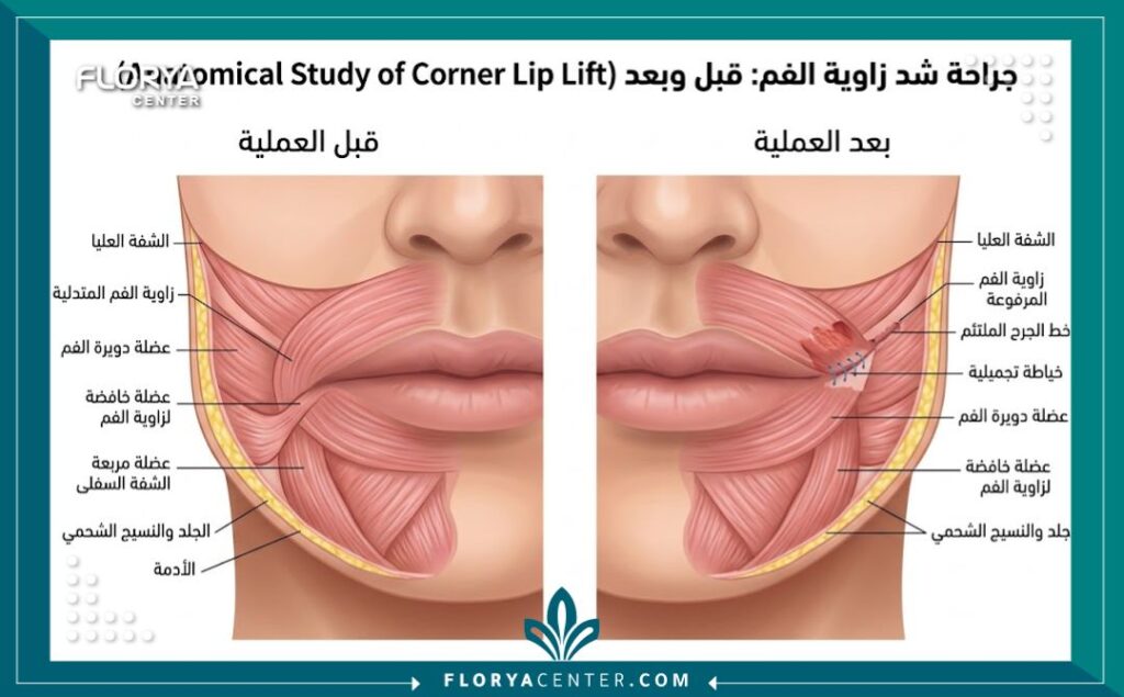 رسم توضيحي طبي يشرح تشريح عضلات الشفاه وكيفية إجراء عملية رفع زوايا الفم جراحيا.