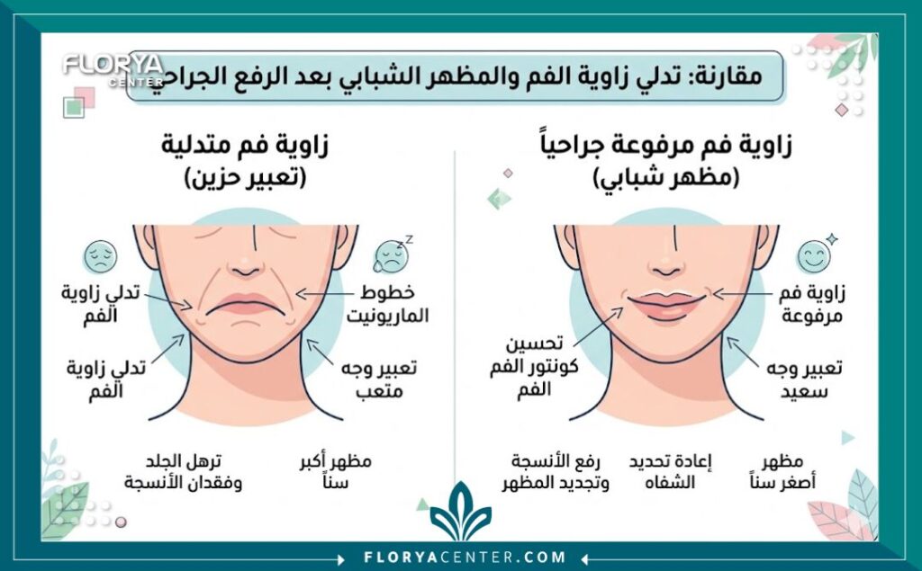 إنفوجرافيك يقارن بين شكل الفم المتهدل أو الحزين وشكل الشفاه والابتسامة بعد إجراء جراحة رفع زوايا الفم.