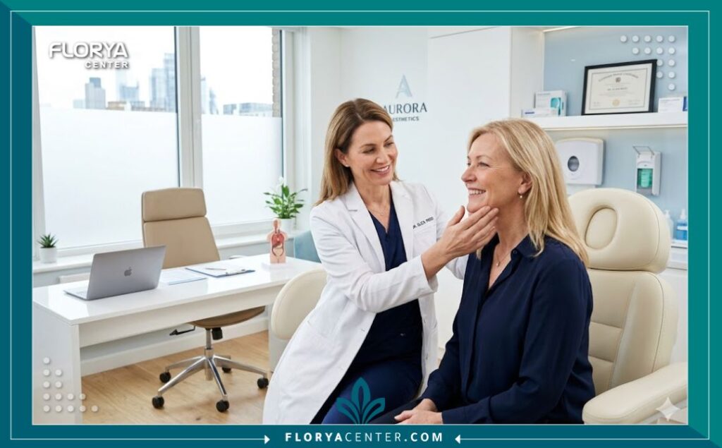 طبيب تجميل متخصص يقوم بفحص مريضة في عيادة تجميل حديثة في تركيا قبل إجراء عملية شد زوايا الشفاه.