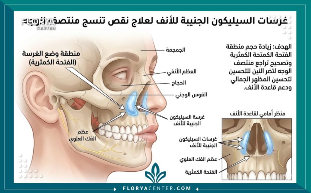 زراعة دعامات حول الأنف 2 رسم توضيحي طبي ثلاثي الأبعاد يوضح التشريح ومكان وضع غرسات السيليكون في زراعة دعامات حول الأنف فوق عظام الفك العلوي.