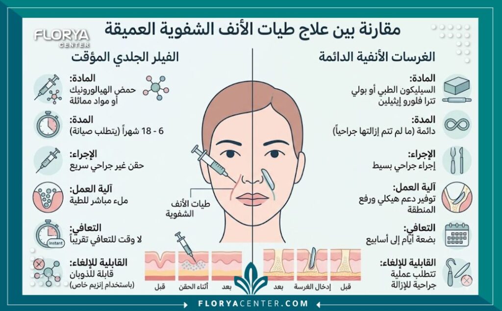 زراعة دعامات حول الأنف 3 إنفوجرافيك طبي يقارن بين حقن الفيلر المؤقت والنتائج الدائمة لعملية زراعة دعامات حول الأنف للتخلص من خطوط الابتسامة الغائرة هيكلياً.