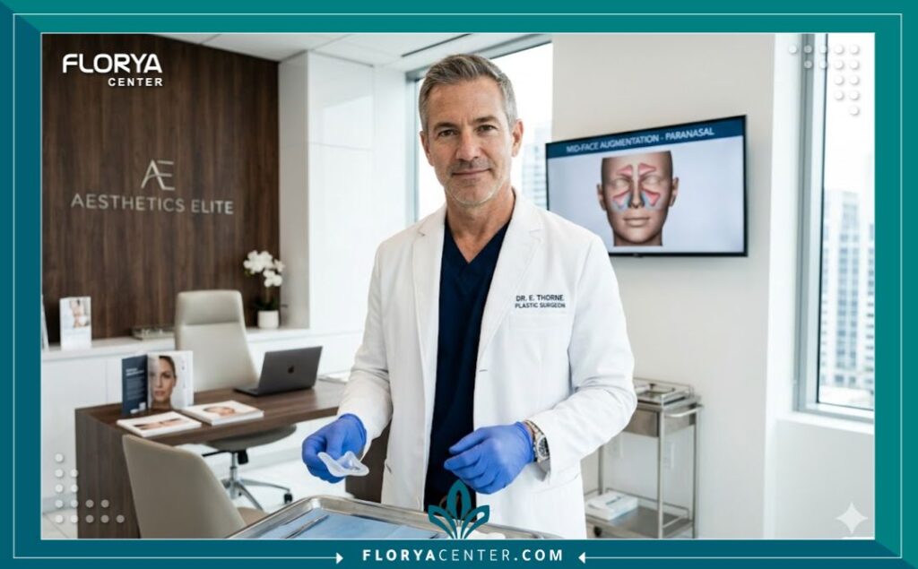 زراعة دعامات حول الأنف 4 جراح تجميل خبير داخل عيادة حديثة ومعقمة يحمل غرسة سيليكون مخصصة لإجراء زراعة دعامات حول الأنف بأمان.