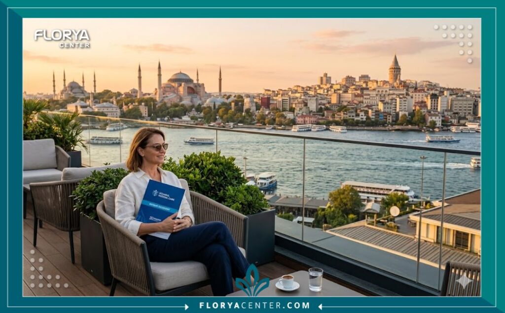 مريض مسترخي في شرفة عيادة فاخرة تطل على مضيق البوسفور ومعالم اسطنبول أثناء فترة التعافي بعد زراعة القزحية في تركيا.