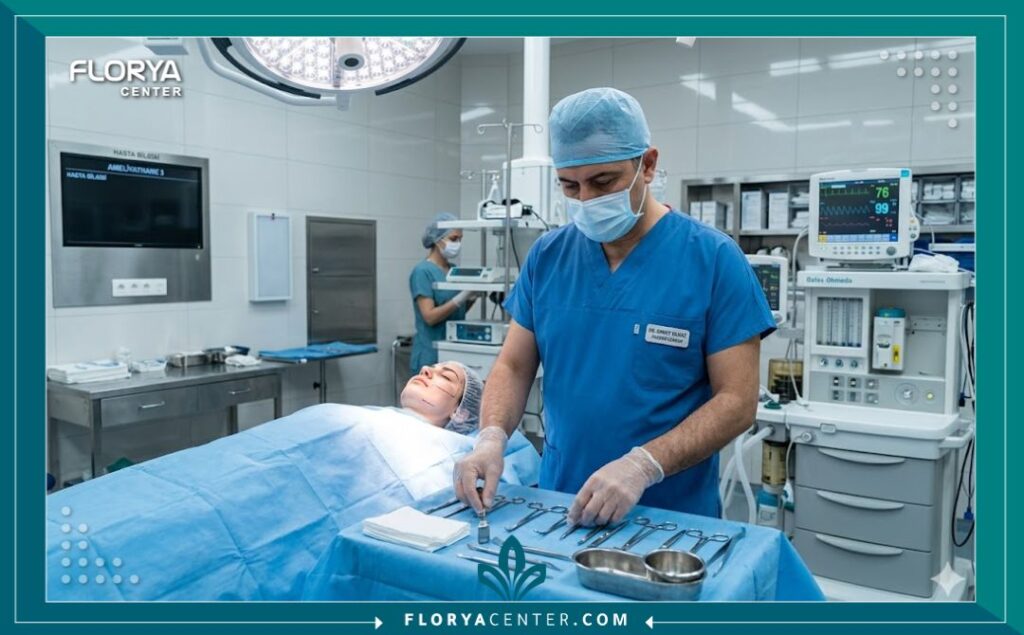 غرفة عمليات حديثة ومعقمة في مستشفى تجميل في إسطنبول مجهزة لإجراء عملية إزالة دهون الخد بتخدير موضعي.