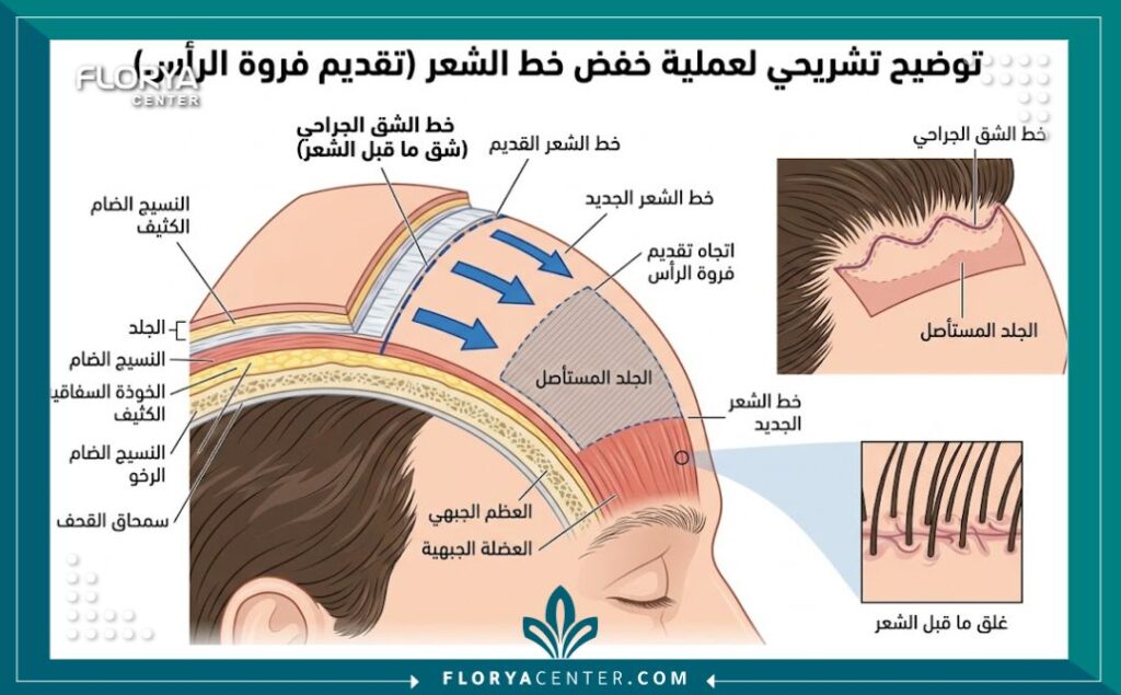 رسم توضيحي طبي يشرح تشريح فروة الرأس وخطوات عملية إنزال خط الشعر أو تصغير الجبهة جراحياً.