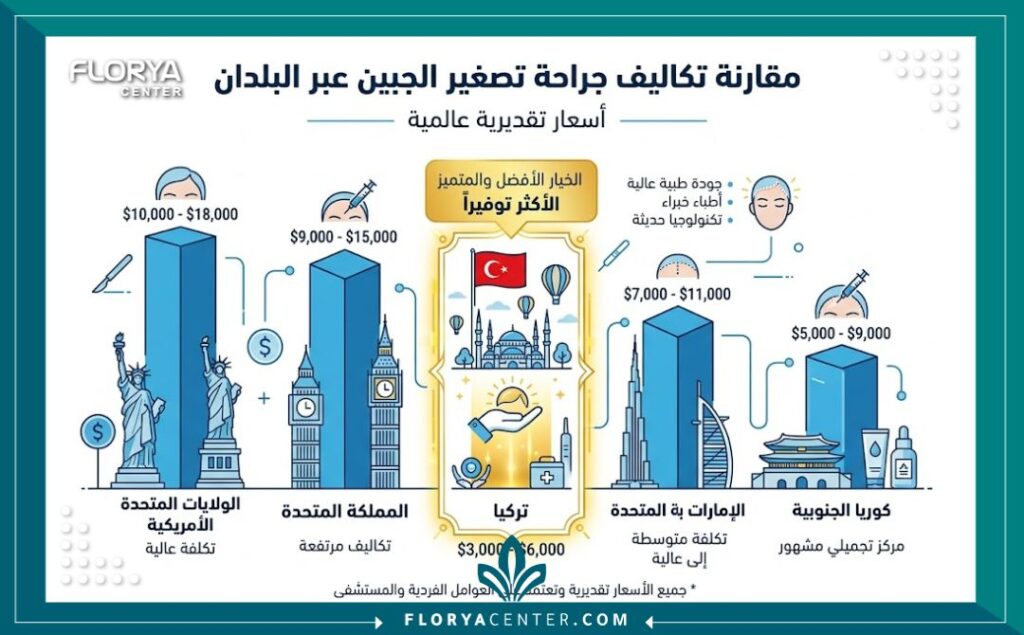 إنفوجرافيك يقارن سعر عملية تصغير الجبهة في تركيا مع الدول الأخرى، موضحاً التكلفة الاقتصادية والجودة العالية للمراكز التركية.