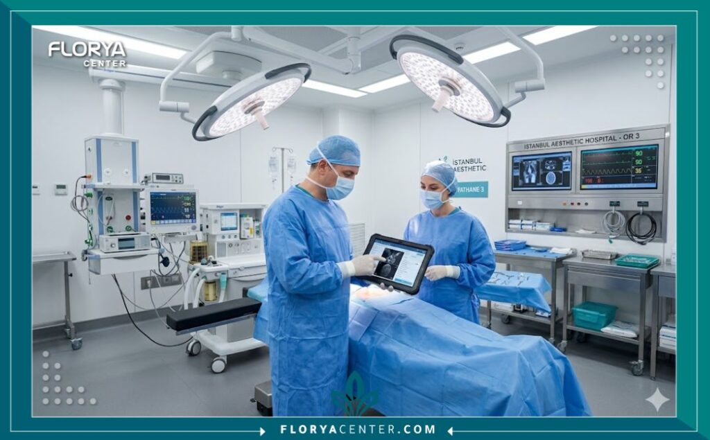 غرفة عمليات حديثة ومجهزة بأحدث التقنيات الطبية في مستشفى تجميل في تركيا مخصصة لعمليات إنزال خط الشعر