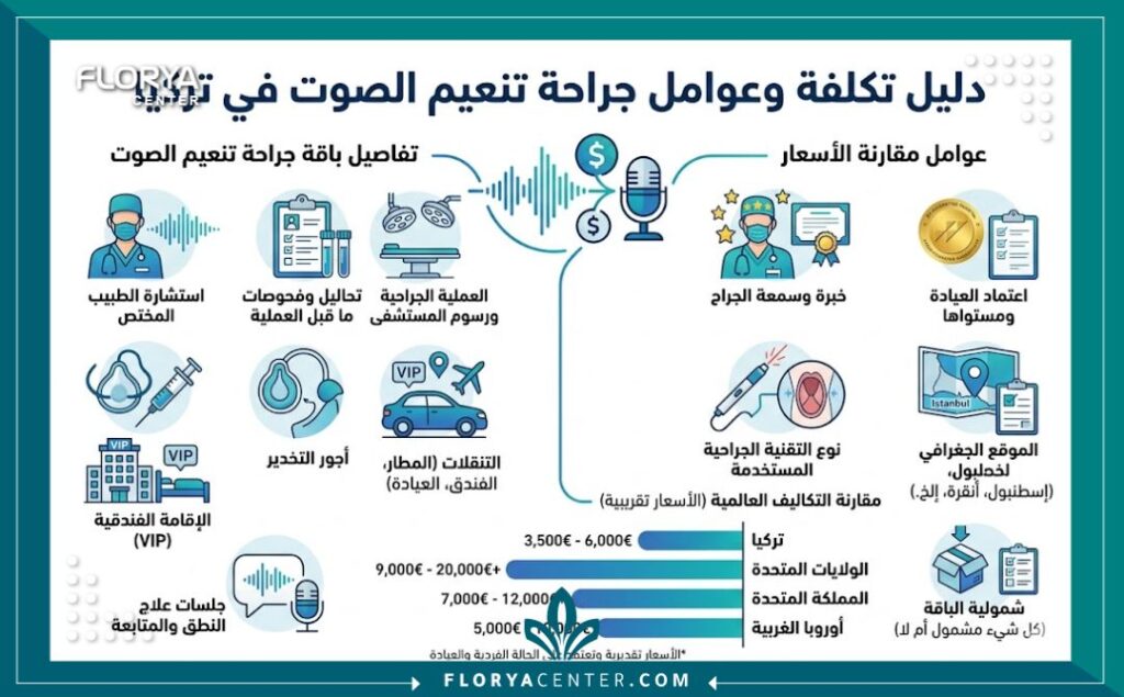 انفوجرافيك يوضح مقارنة تكلفة وعوامل تحديد سعر عملية تنعيم الصوت في تركيا.