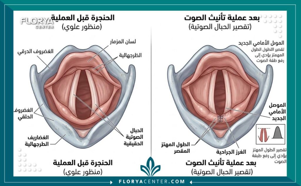 مخطط طبي يوضح عملية تقصير الحبال الصوتية لرفع طبقة وتنعيم الصوت.