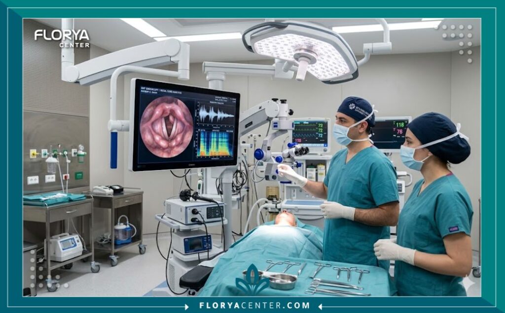 غرف العمليات والتقنيات الحديثة المستخدمة في عمليات الحبال الصوتية في تركيا.