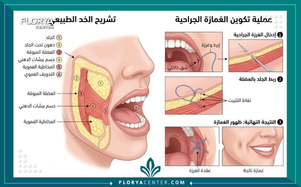 سعر عملية غمازات الوجه الدائمة جراحياً 2 رسم توضيحي طبي يشرح تشريح عضلة الخد وكيفية إجراء عملية غمازات الوجه الدائمة جراحيا.