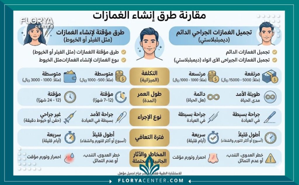 سعر عملية غمازات الوجه الدائمة جراحياً 3 إنفوجرافيك يقارن بين تكلفة وسعر عملية غمازات الوجه الدائمة جراحياً والأساليب المؤقتة.