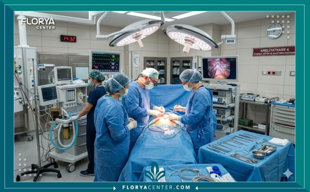 لقطة واقعية داخل غرفة العمليات مع طاقم طبي متخصص يرتدي ملابس معقمة مجهزة لإجراء عملية تجميل.