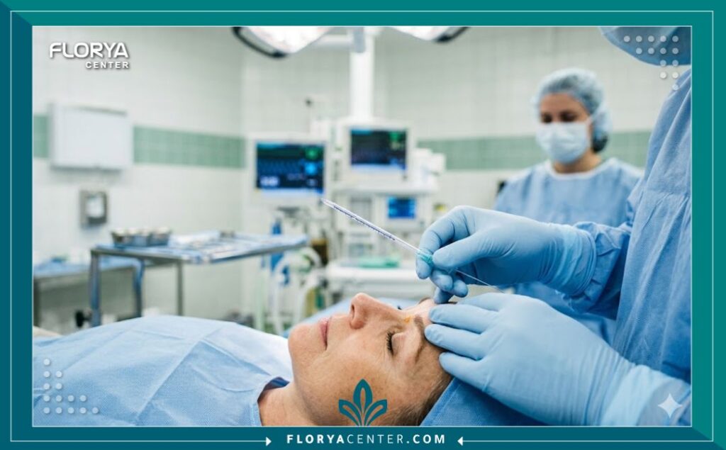 طبيب تجميل متخصص يقوم بإجراء عملية شد الحواجب بخيوط الكوج داخل غرفة عمليات معقمة واحترافية