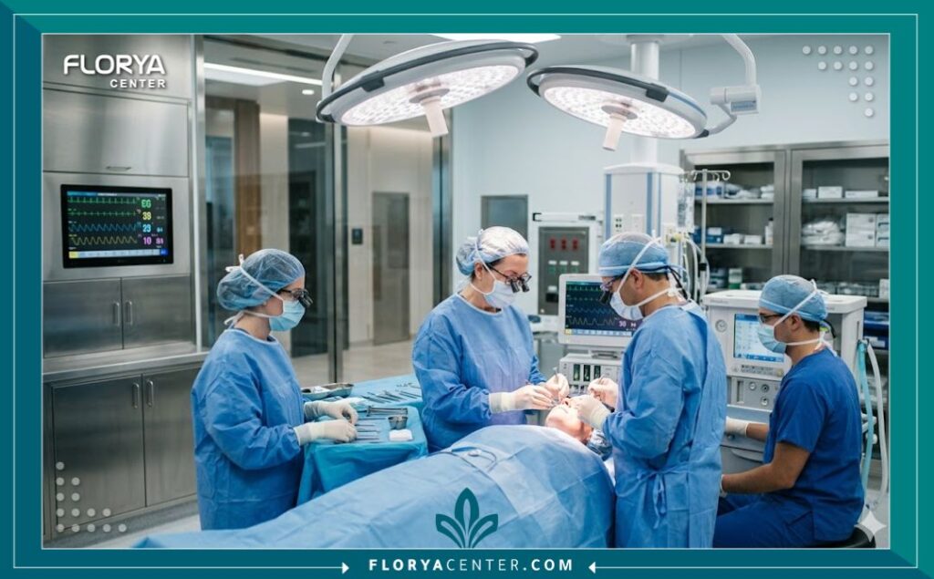 غرفة عمليات حديثة ومجهزة بأحدث التقنيات لإجراء جراحات تجميل العيون ورفع الحواجب في مستشفى فاخر.